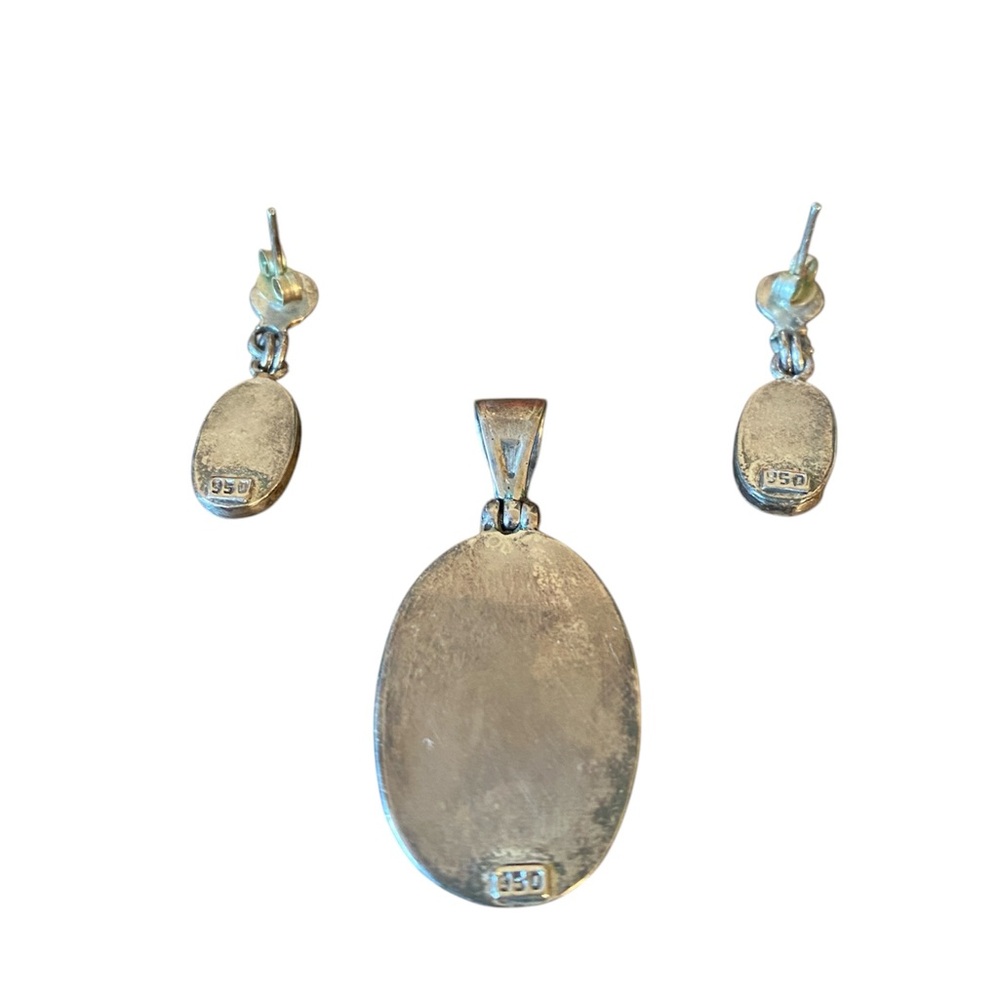 Sterling Silver Vintage Turquoise Oval Pendant and Earring Set - Picture 2 of 3